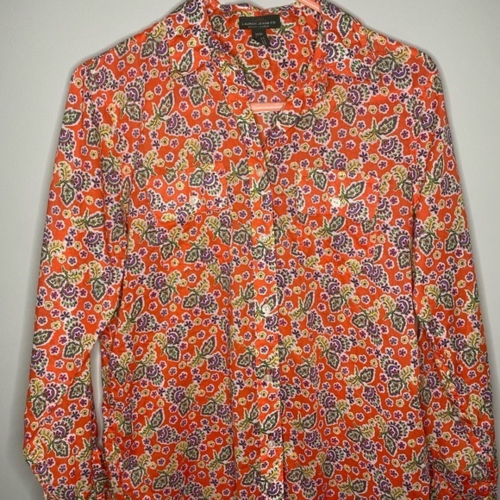 LRL Lauren Jeans Top Womens Medium Button Down Floral‎ Vintage Long Sleeve